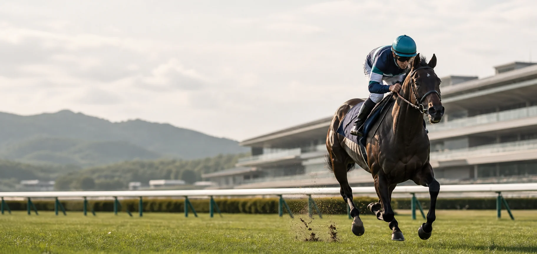 競走馬と騎手がコースを駆ける様子